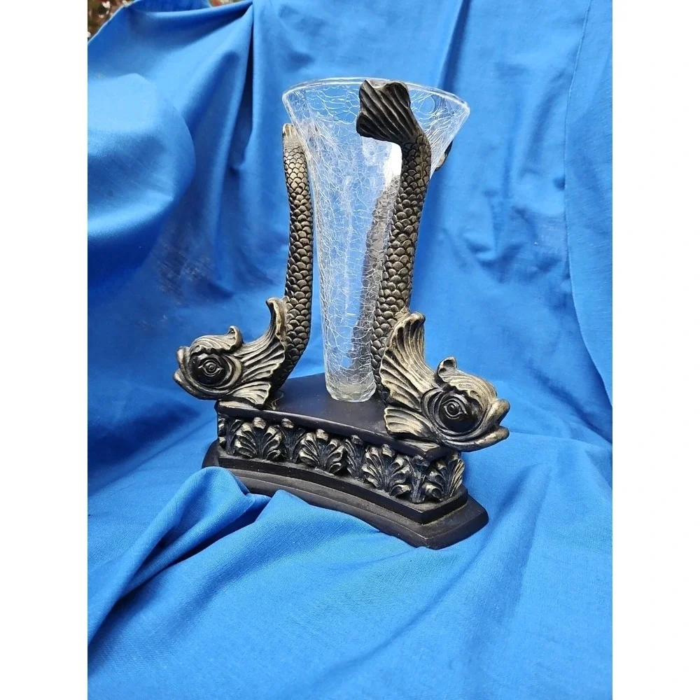 Vintage Japanese Dolphin Koi Fish Vase Centerpiece‎ Neoclassical Crackle 12